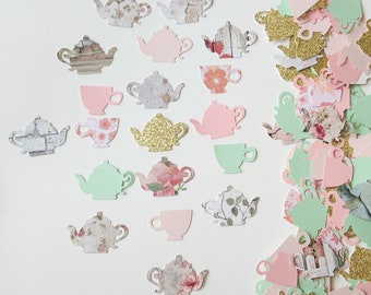 Tea Party Confetti- Pink and Green Shabby Chic- Set of 135 - Teapot, tea cup, Party Decor, Table Confetti, Bridal Shower