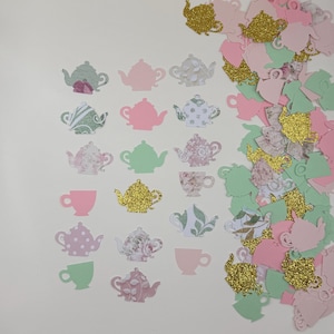 Tea Party Confetti- PINK AND GREEN - Set of 135 - Teapot, tea cup, Party Decor, Table Confetti, Bridal Shower