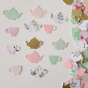 Tea Party Confetti- PINK AND GREEN - Set of 135 - Teapot, tea cup, Party Decor, Table Confetti, Bridal Shower