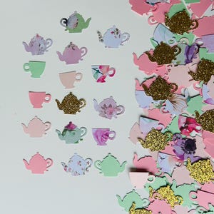 Tea Party Confetti- PINK AND GREEN - Set of 135 - Teapot, tea cup, Party Decor, Table Confetti, Bridal Shower