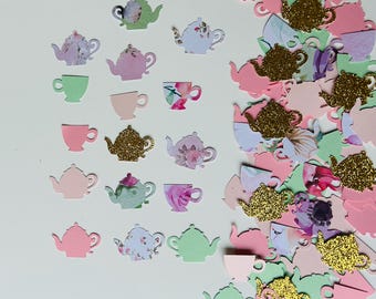 Tea Party Confetti- PINK AND GREEN - Set of 135 - Teapot, tea cup, Party Decor, Table Confetti, Bridal Shower