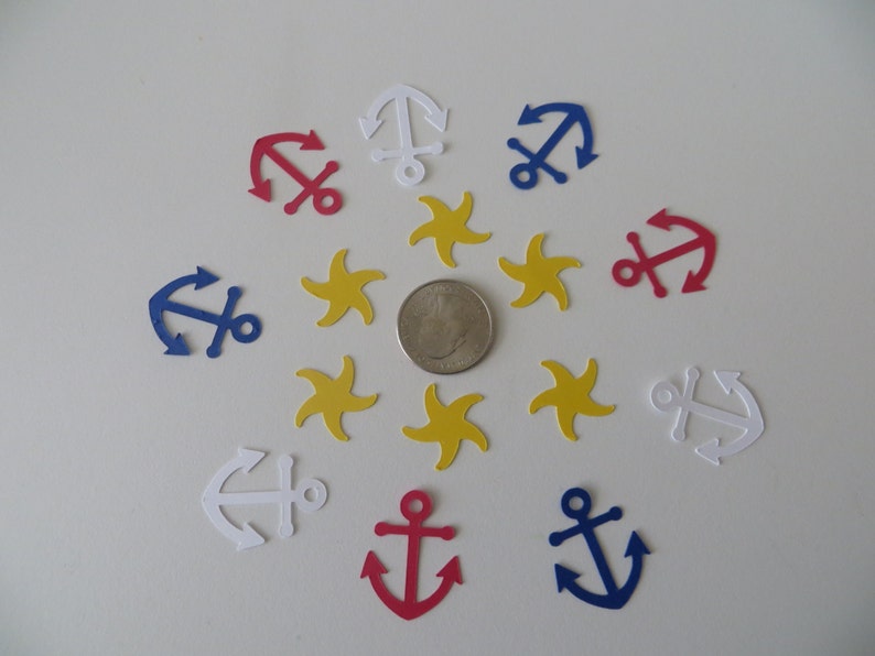 Anchor & Starfish Confetti Red, White and Blue Set of 100 Handmade Beach Party, Nautical, Party Decor image 2