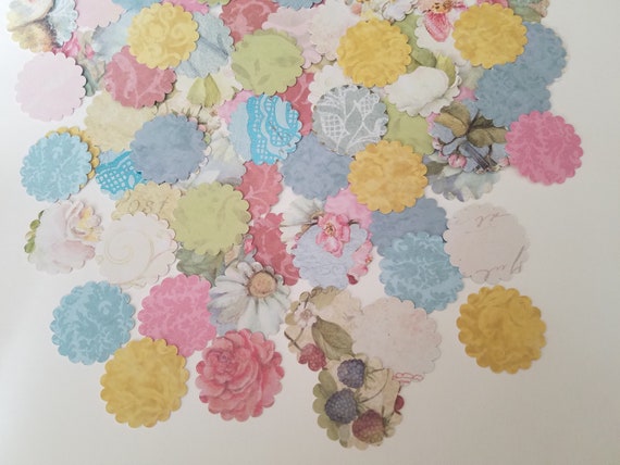 Scalloped Paper Circles - Floral - Set of 100 - 1.25 inch - Scalloped Circle Diecuts - Shabby Chic Diecuts Il_570xn