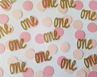 First Birthday Confetti  Pink and Gold - One Confetti - Set of 120 - Baby Girl Birthday - Circle Confetti - Party Decor - Table Confetti