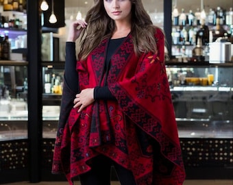 Handmade Alpaca Ruana: Reversible Black & Red Floral Embroidered Wrap