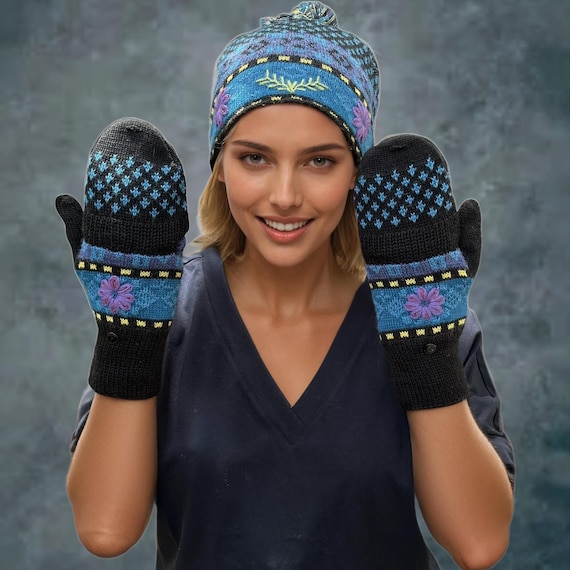 Handcrafted Floral Knit Beanie  Alpaca Hat Handmade Alpaca Knit Hat & Glittens Set: Floral Embroidered  main image 2