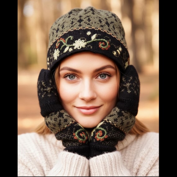Handmade Embroidered Alpaca Knit Hat & Glittens: Floral  display picture 2