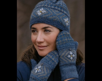 Hand-Embroidered Alpaca Knit Hat & Glittens — Cozy Handmade Winter Set