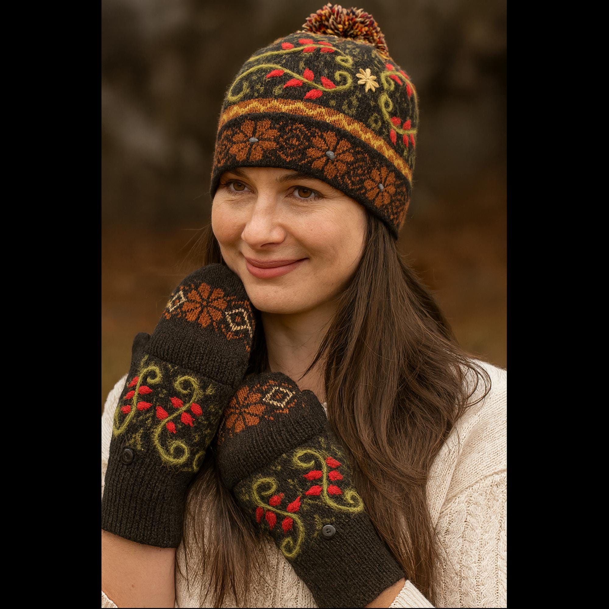 LACK OF COLOR ?? WOMEN\'S WOOL/ALPACA MULTICOLOR COMFORT WINTER HAT Chloe Beanie - Floral Knit Winter Hat with Mountain-Inspired  main image 3