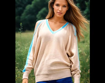 Suéter de algodón beige aguamarina con hombros descubiertos de alpaca bebé: jersey de punto con cuello en V