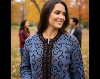 Hand-Embroidered Alpaca Cardigan: Zip-Front Denim Sweater