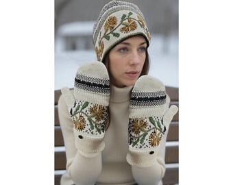 Hand Embroidered Alpaca Knit Hat & Glittens Set: Floral Winter Wear