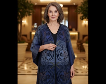 Hand Embroidered Alpaca Ruana: Reversible Blue Teardrop Wrap