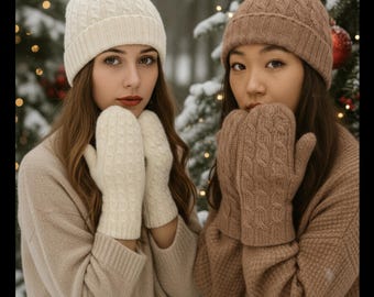 Handcrafted Alpaca Mittens & Cap Set - Ivory Rose Gold French Braid