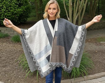 Handmade Alpaca Ruana: Earth Toned Geo Southwest Wrap