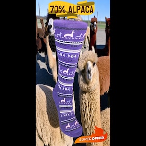 May include: Purple alpaca socks with a white and black geometric pattern featuring a silhouette of an alpaca. The socks are displayed against a backdrop of alpacas in a field. The text "70% Alpaca" and "Super Offer" are visible in the image.