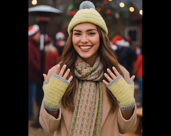 Alpaca Winter Set: Knit Beret, Fingerless Gloves, Multicolor Scarf