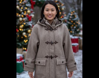 Alpaca Wool Herringbone Jacket with Toggle Buttons & Removable Hood