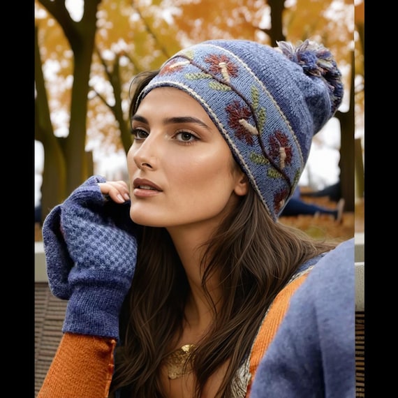 Alpaca Knit Hat & Glitten Set: Hand Embroidered Floral  display picture 1