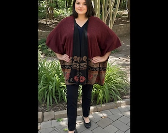 Hand Embroidered Reversible Alpaca Cape, Floral Geometric Wrap