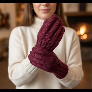 May include: Burgundy cable-knit gloves. The gloves are made of a thick, textured material and feature a classic cable-knit design. The gloves are shown against a blurred background of a person wearing a white turtleneck sweater.