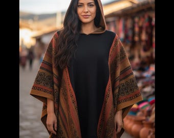 Catalonia Reversible Alpaca Wool Hooded Poncho, Versatile Blanket-Style Wrap for Travel & Casual Style