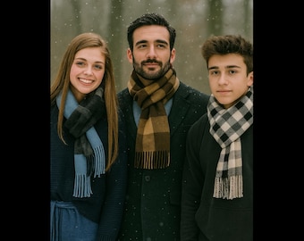 May include: Three people wearing scarves pose for a photo outdoors. The scarves are in various patterns and colors, including blue, black, brown, and white. The person in the center wears a dark coat, while the others wear sweaters. Snow is falling in the background.
