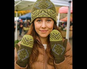 Handmade Alpaca Knit Hat & Glittens Set: Embroidered Geometric Design