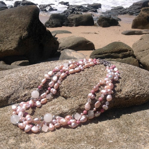 Three strand pink freshwater pearl and gemstone shops necklace