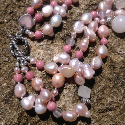Three strand pink freshwater pearl and gemstone shops necklace