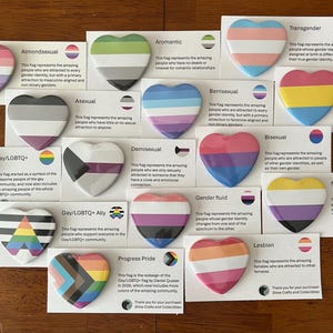 May include: A collection of heart-shaped pins, each featuring a different LGBTQ+ pride flag design. The pins are arranged on small white cards with text describing each flag's meaning. The flags include transgender, bisexual, and non-binary.