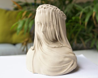 Veiled Lady bust from concrete, Raphaelle Monti bride statue