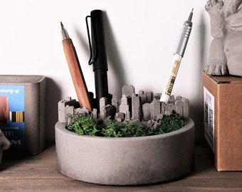Concrete city landscape plant pot, metropolis planter, succulent pot, desk tidy