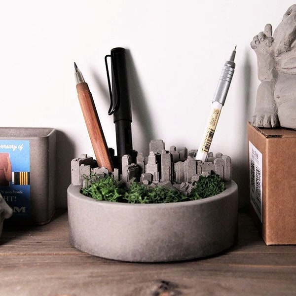 Concrete city landscape plant pot, metropolis planter, succulent pot, desk tidy