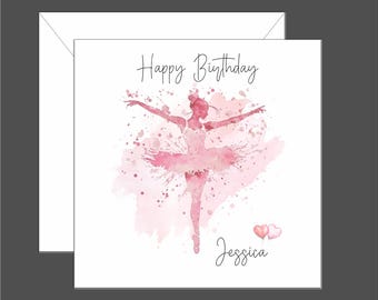May include: A pink watercolor birthday card with a ballerina silhouette and the text "Happy Birthday Jessica".