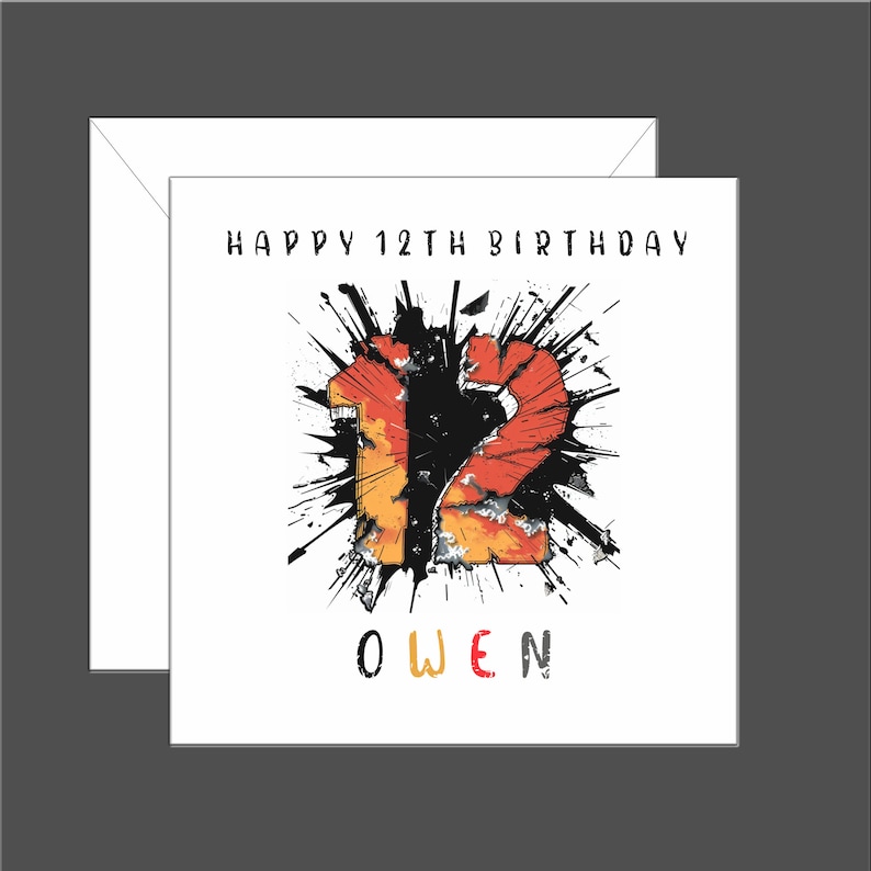 May include: A white card with a black and orange number 12 with black paint splatters around it. The text "HAPPY 12TH BIRTHDAY" is at the top of the card and the name "OWEN" is at the bottom of the card.