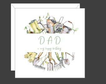 May include: A watercolor birthday card for Dad, featuring gardening tools and equipment. The card includes a watering can, wheelbarrow, bucket, and gardening boots. The text reads "DAD a very happy birthday."