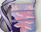Small Handmade Artisan Hawaiian Quilt Hand Quilted Appliquéd Crossbody Bag Pink Purple Tea Leaf 3 Zipper Compartment Made in USA Deadstock