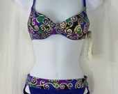 Vintage 80s Womens Catalina 2 Piece Swim Suit Size 6 Purple with Metallic Gold Swirls Bikini Swimwear New Old Stock Made in USA