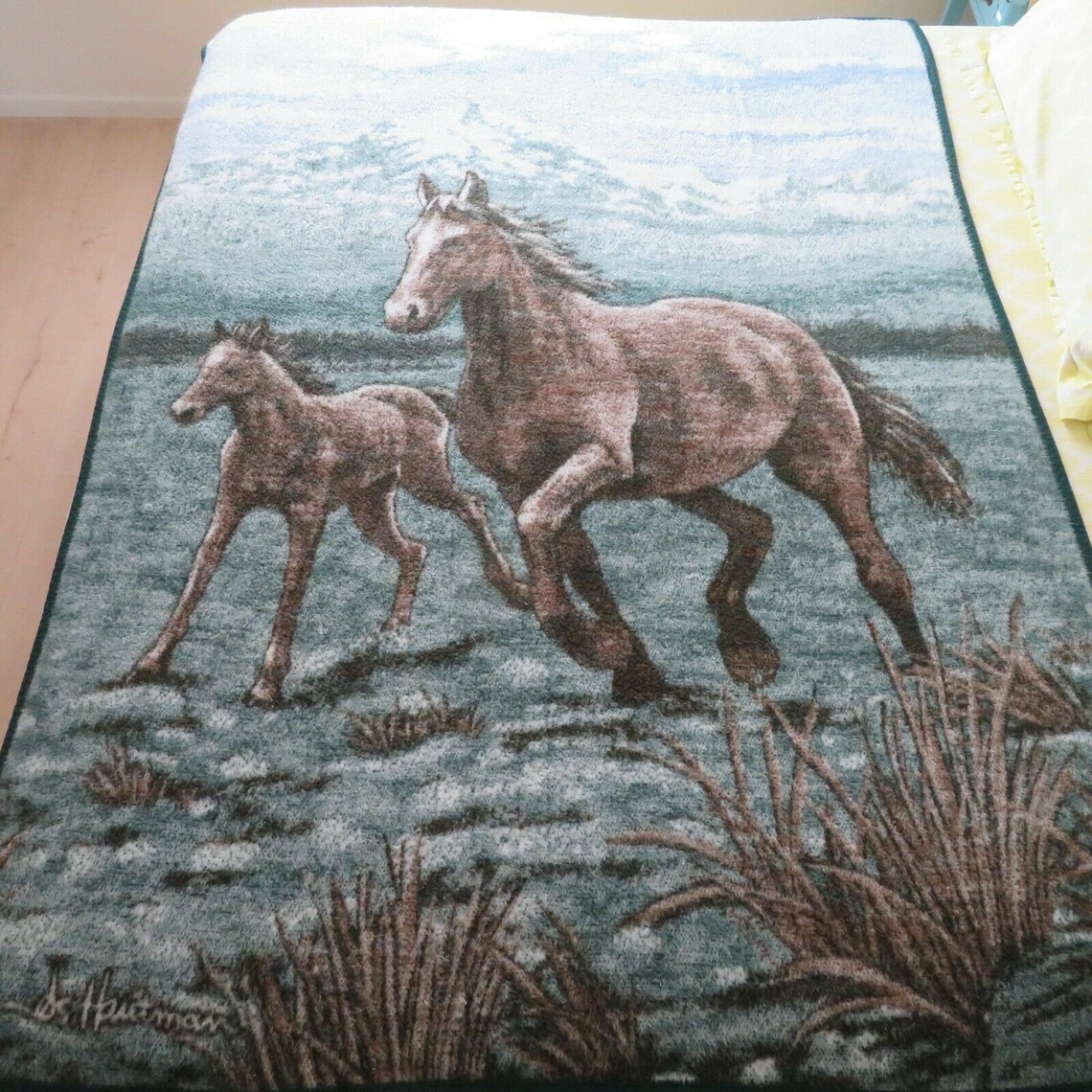 Vintage Biederlack Reversible Blanket Horses Snow Mountains Etsy