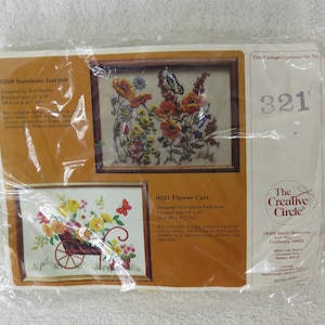 Vintage 1981 The Creative Circle FLOWER CART # 321 Zestaw do haftu Zestaw do majsterkowania dla dorosłych Wyprodukowano w USA Nowy Deadstock