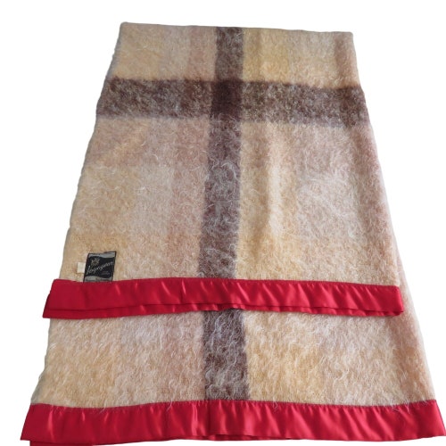 Vintage Hudson Bay Tartan Plaid Mohair Wool Throw Blanket Red Satin Trim 46