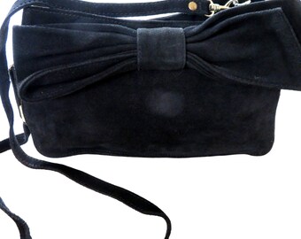Vintage 90er Jahre Mango Schwarze Wildleder Schleife Crossbody Tasche