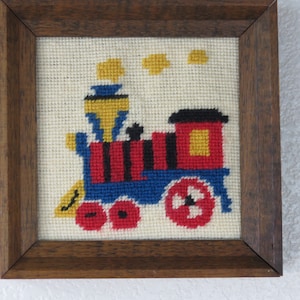 Vintage 80s Handmade Train Needlepoint Embroidery in Wood Frame