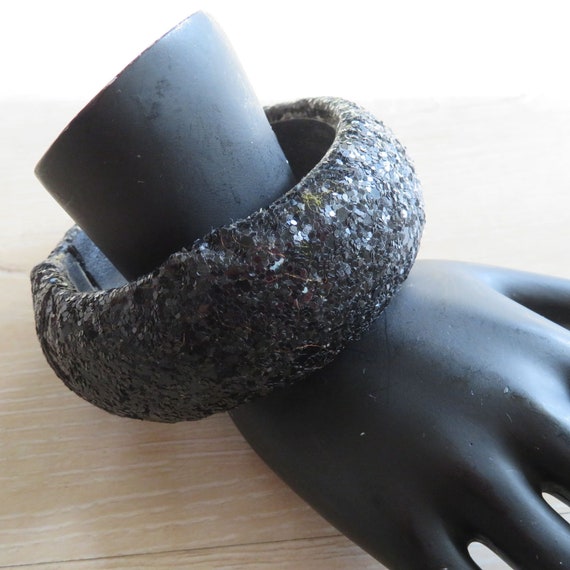 Vintage 90s Y2K Bangle Bracelet Black Glitter Bul… - image 7