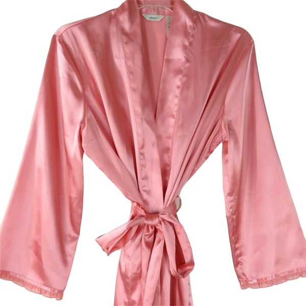 Vintage 90s Y2k Adonna Knee Length Satin Robe S Pink Chiffon Ruffle Edge Belted