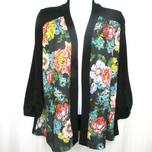 Vintage Pleione Open Front Floral Cardigan Sweater Duster M Solid Black Knit Back Tab Sleeve Made in USA