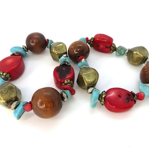 Lot of 2 Stretch Beaded Fashion Bracelets Wood Faux Coral Turquoise