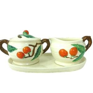 Vintage Hobbyist 3pc Sugar Creamer Tray Set Beige Orange Green Mid Century Modern Japan