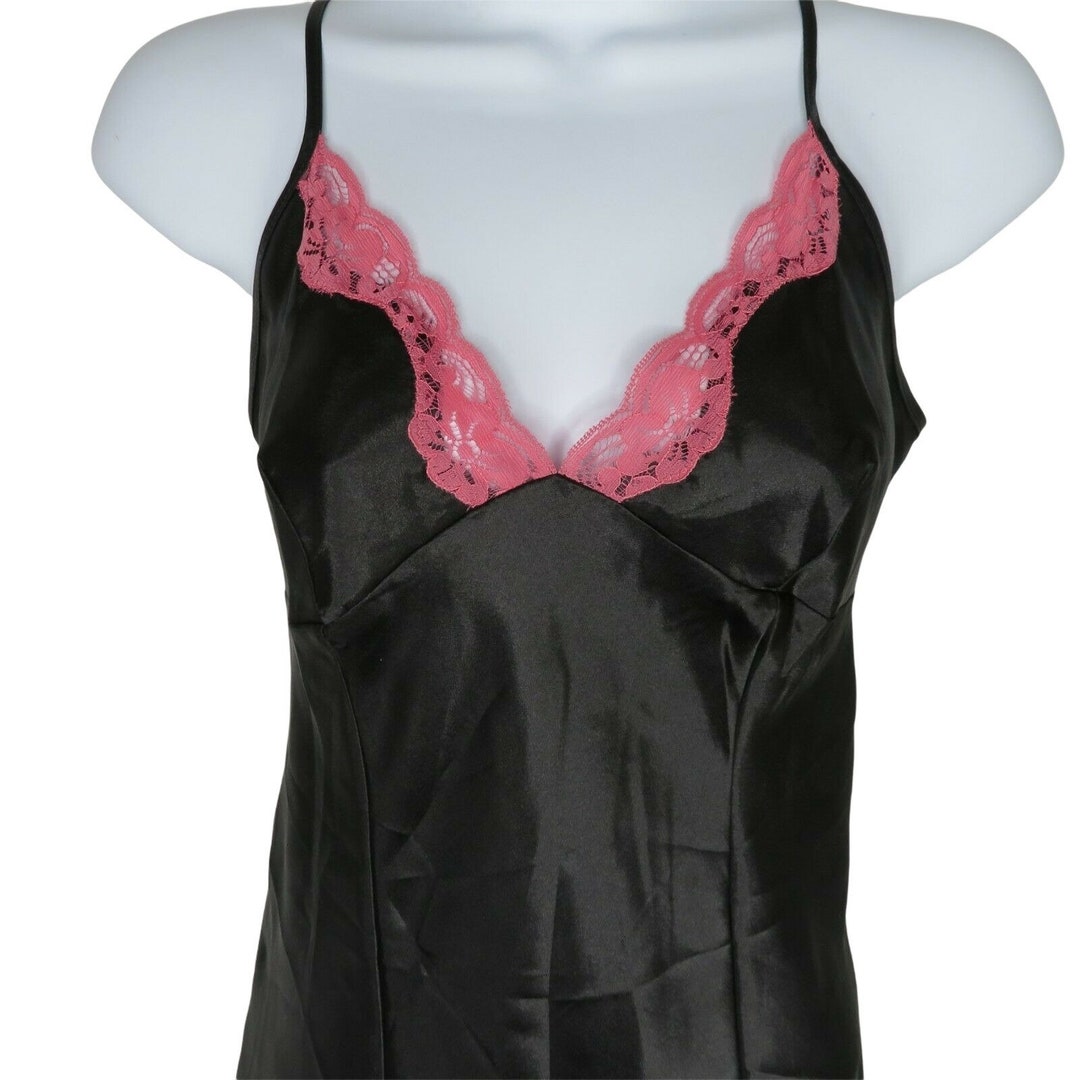 Vintage Jones New York Black Satin Slip Dress Night Gown Size M Pink Lace Trim Knee Length Etsy